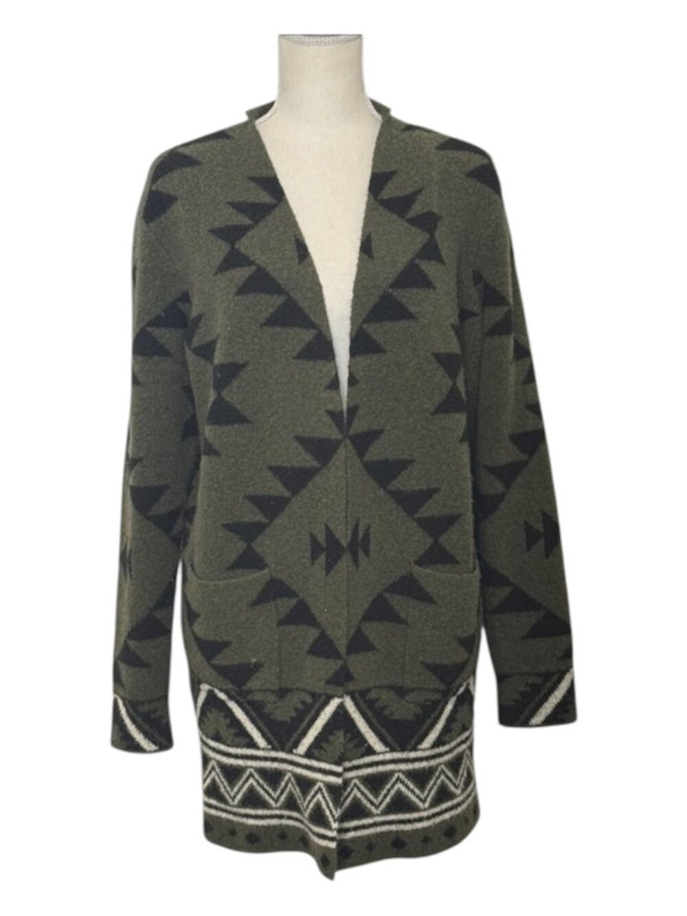 Frye Olive Aztec Open-Front Sweater Cardigan Women's Size Medium Green Longline